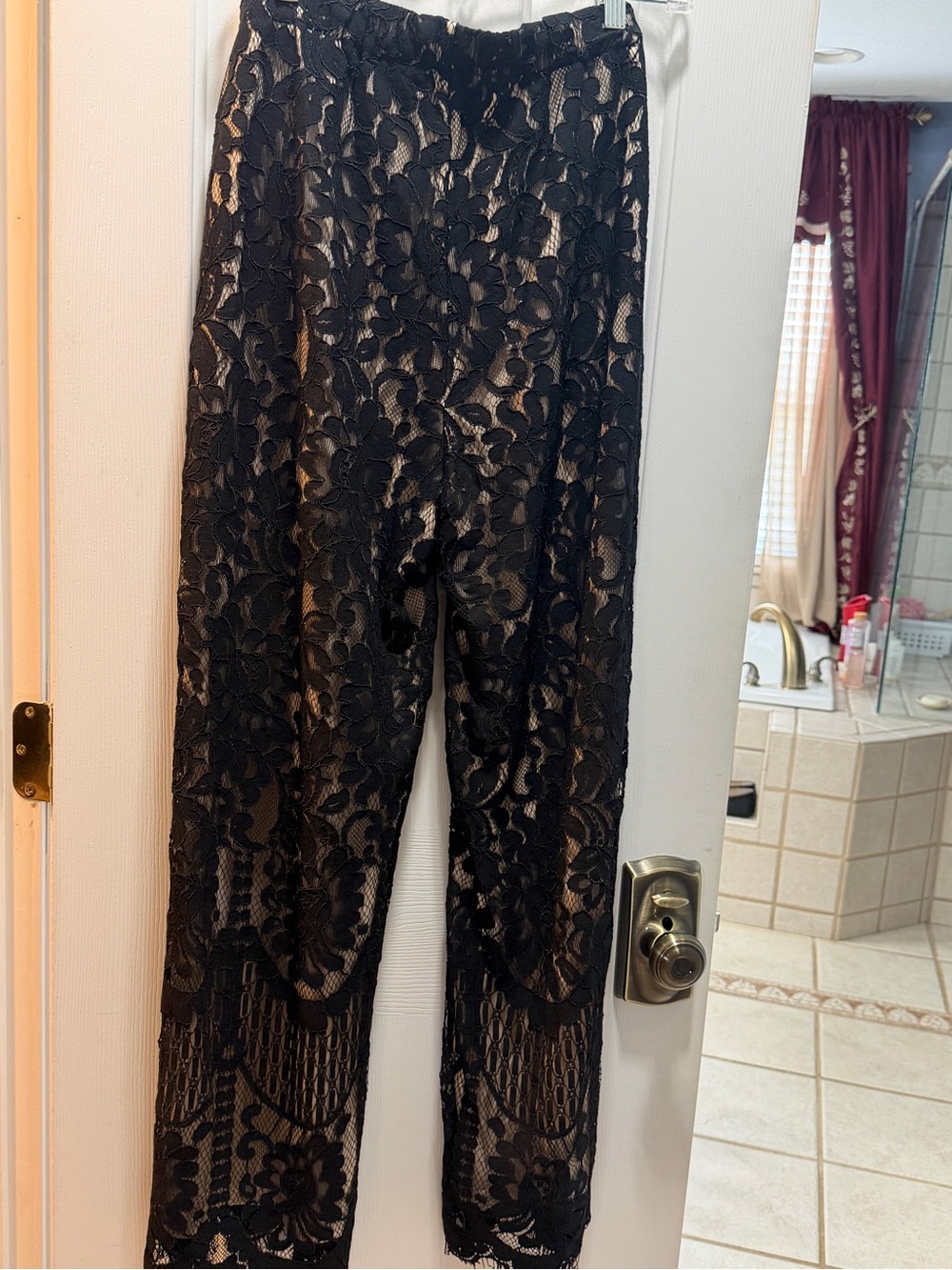 Ina Black Lace Straight-Leg Overlay Pants with Nude Underlayer